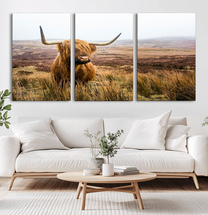 79391-MGV-CV-36X24-Majestic Highland Cow in Misty Scottish Moorland – Rustic Natural Charm, Perfect for Unique Home or Office Decor