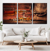 21266-MGV-CV-36X24-Pouring Whiskey into Glasses with Ice – Rustic Wooden Barrel Background, Warm Ambient Lighting, Ideal Decor for Home or Office