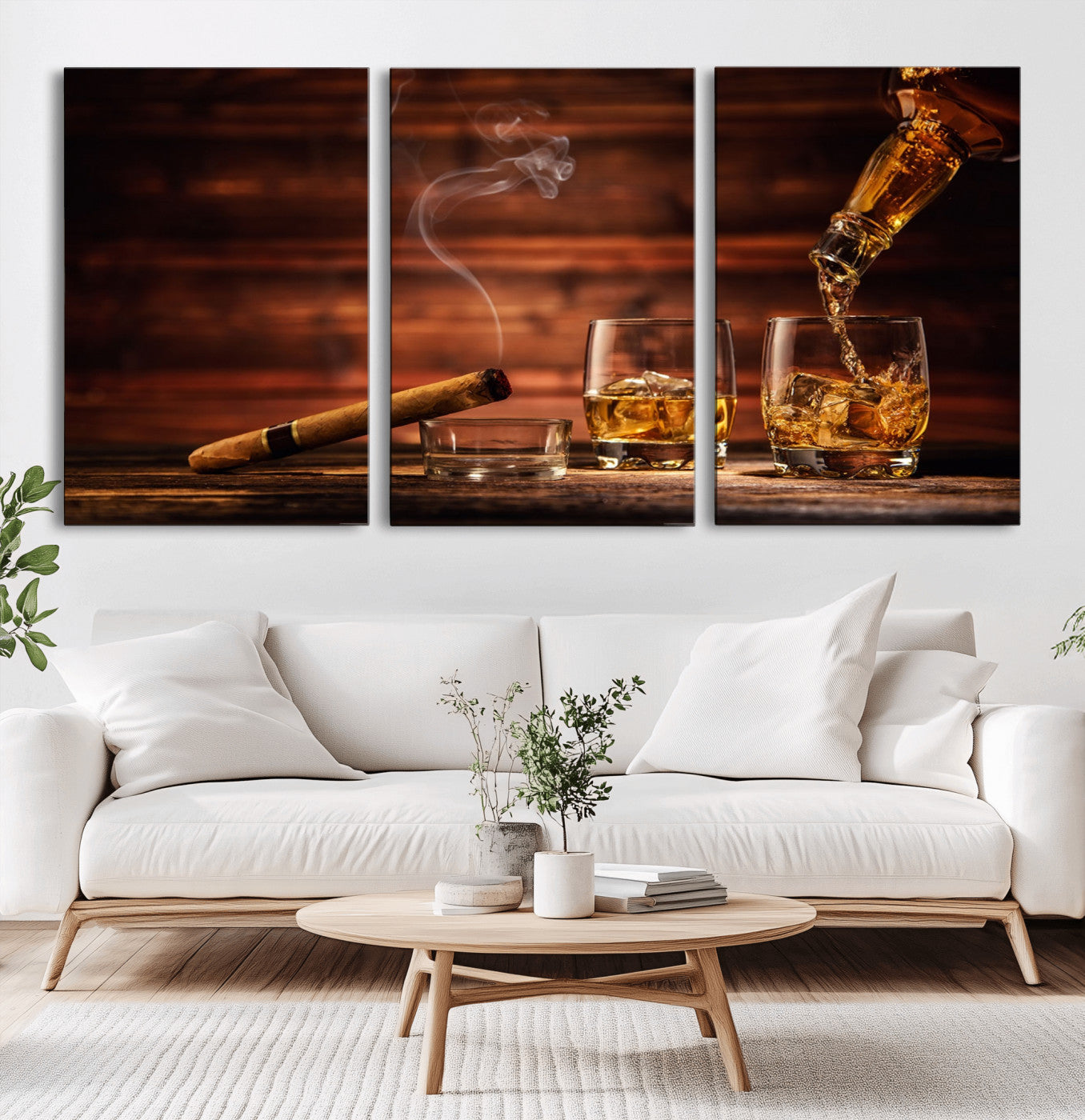 41139-MGV-CV-36X24-Whiskey and Cigar Still Life – Glasses with Ice and Pouring Amber Drink on Wooden Table with Smoke, Elegant Bar or Lounge Wall