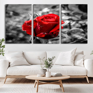 84671-MGV-CV-36X24-Red Rose Wall Art – Vibrant Single Bloom Canvas Print with Black and White Background, Elegant Floral Decor for Living Room,