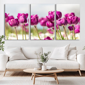 30632-MGV-CV-36X24-Purple Tulip Field Wall Art – Beautiful Spring Flowers Canvas Print with Soft Focus and Bright Sky, Ideal Floral Decor for Home or