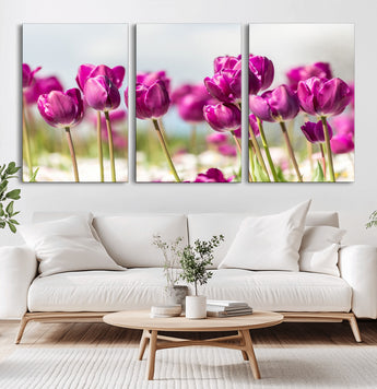 30632-MGV-CV-36X24-Purple Tulip Field Wall Art – Beautiful Spring Flowers Canvas Print with Soft Focus and Bright Sky, Ideal Floral Decor for Home or