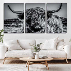 97372-MGV-CV-36X24-Elegant Highland Cow Wall Art – Black and White Canvas Print, Rustic Nature Decor for Home, Office, Living Room or Man Cave