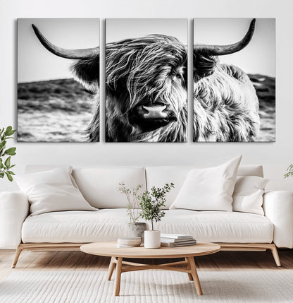36979-MGV-CV-36X24-Striking black-and-white portrait of a Highland cow with flowing fur and majestic horns, perfect for rustic and elegant home or