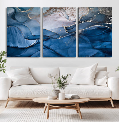 27810-MGV-CV-36X24-Abstract Blue Gold Fluid Art Wall – Modern Canvas Print, Elegant Home & Office Wall Art, Stylish Living Room or Bedroom Decor