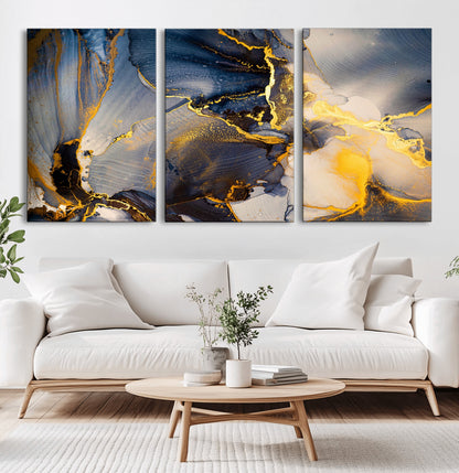 42100-MGV-CV-36X24-Golden Flow Abstract Wall Art – Panoramic Modern Blue and Gold Canvas Print, Contemporary Artistic Decor for Home, Office