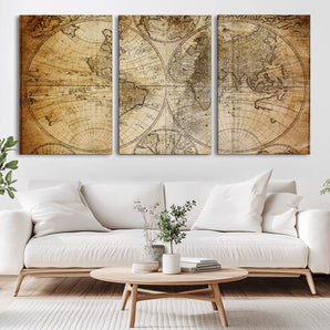 27265-MGV-CV-36X24-Vintage World Map Wall Art – Antique Double Hemisphere Globe Canvas Print, Classic Sepia-Toned Cartography Decor for Living Room,