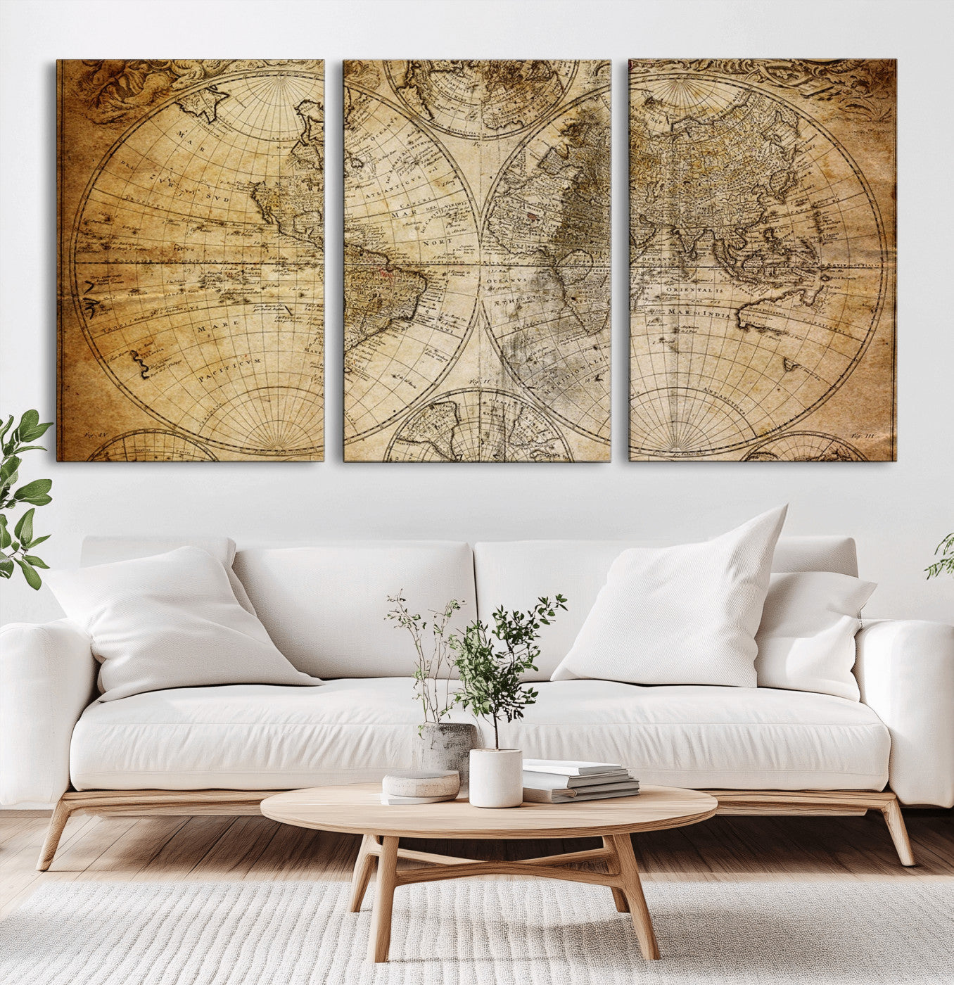 27265-MGV-CV-36X24-Vintage World Map Wall Art – Antique Double Hemisphere Globe Canvas Print, Classic Sepia-Toned Cartography Decor for Living Room,