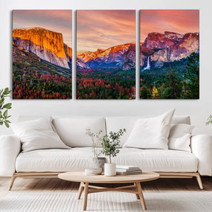 24519-MGV-CV-36X24-Yosemite Valley Sunset Wall Art – Majestic Mountain Landscape with Waterfall and Vibrant Sky, Nature Photography for Home or