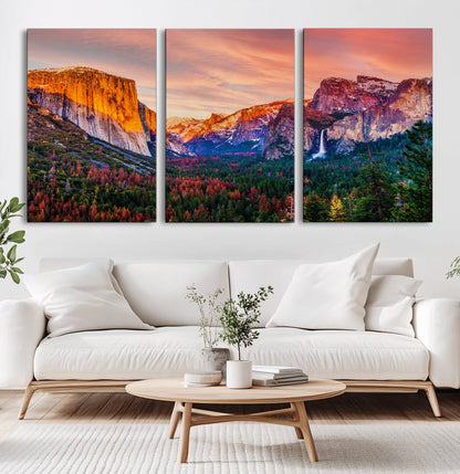 24519-MGV-CV-36X24-Yosemite Valley Sunset Wall Art – Majestic Mountain Landscape with Waterfall and Vibrant Sky, Nature Photography for Home or