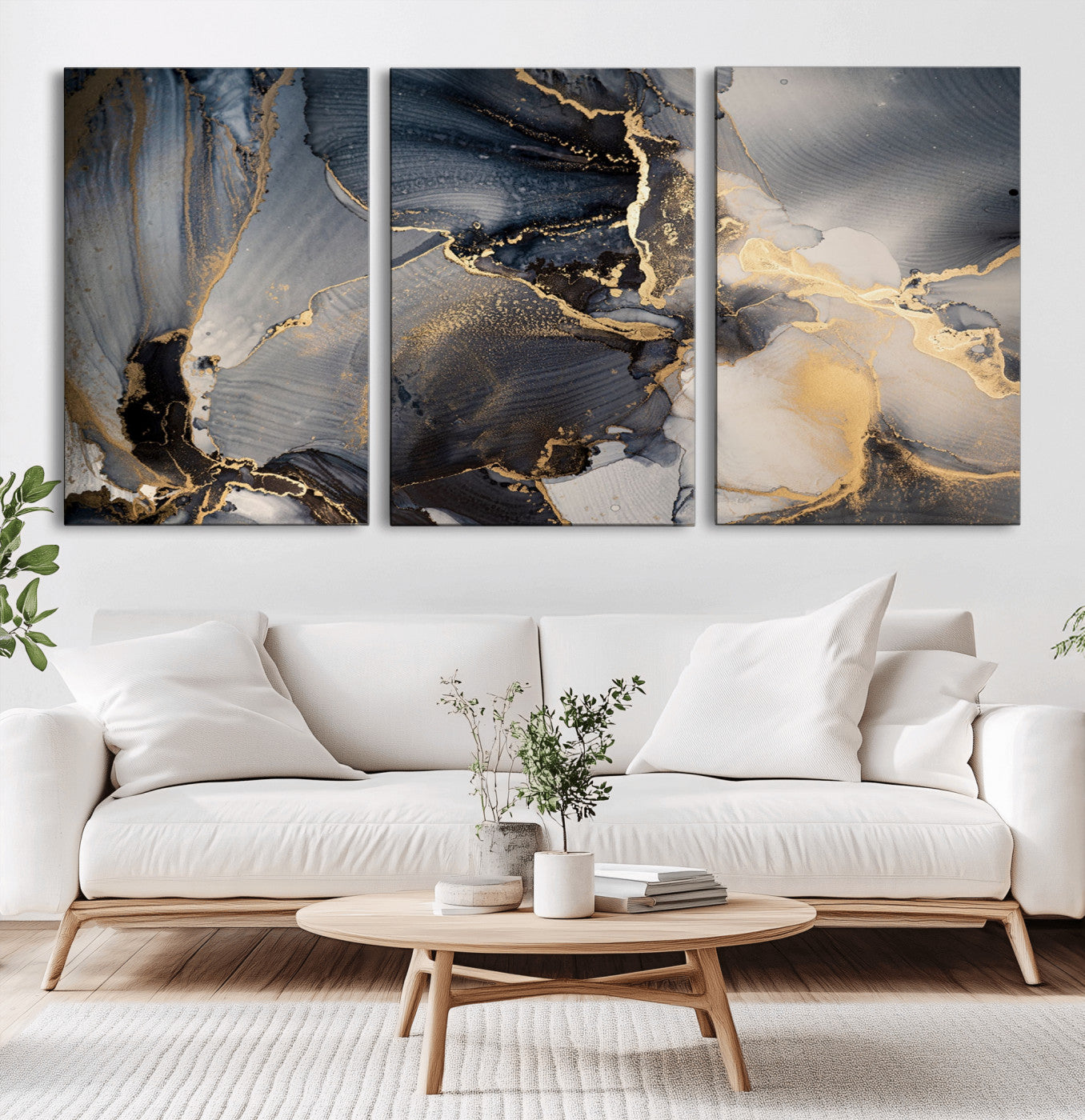 24068-MGV-CV-36X24-Luxury Abstract Wall Art – Gold & Gray Fluid Ink Painting Canvas, Modern Metallic Home Decor, Elegant Office or Living Room Accent
