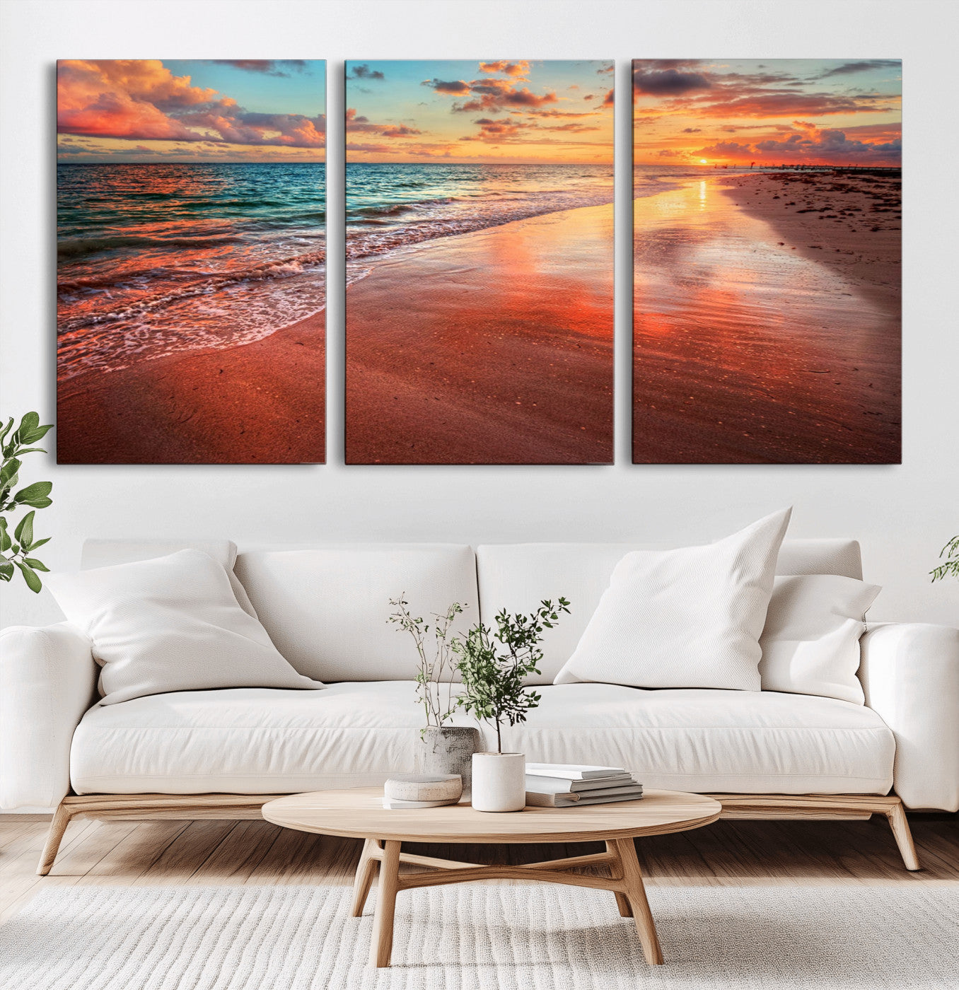 77723-MGV-CV-60X30-3P-Sunset Beach Wall Art – Vibrant Ocean Waves and Golden Horizon Canvas Print, Coastal Seascape Photography Home Decor