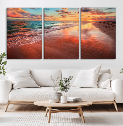77723-MGV-CV-60X30-3P-Sunset Beach Wall Art – Vibrant Ocean Waves and Golden Horizon Canvas Print, Coastal Seascape Photography Home Decor