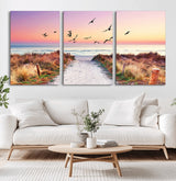 54411-MGV-CV-60X30-3P-Beach Path with Birds Wall Art – Coastal Sunset Ocean Canvas Print, Seaside Nature Landscape Photography for Living Room, Bedroom