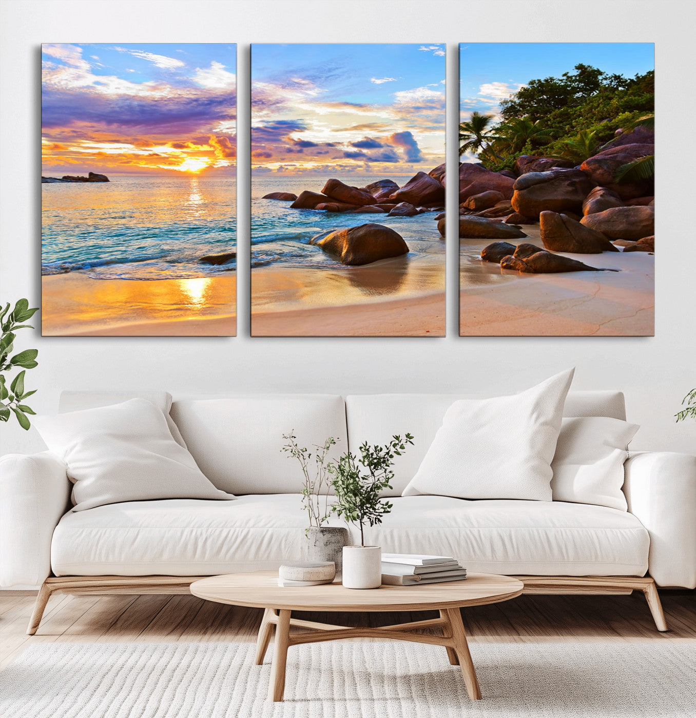 43209-MGV-CV-60X30-3P-Tropical Beach Sunset Wall Art – Golden Ocean Waves and Palm Trees with Rocky Shore Canvas Print, Coastal Seascape Decor for