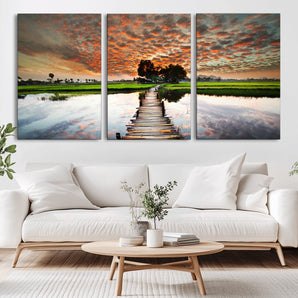 29105-MGV-CV-36X24-Rustic Wooden Bridge Wall Art – Scenic Sunset Over Rice Fields and Reflective Water Canvas Print, Nature Landscape Decor for