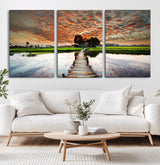 29105-MGV-CV-36X24-Rustic Wooden Bridge Wall Art – Scenic Sunset Over Rice Fields and Reflective Water Canvas Print, Nature Landscape Decor for