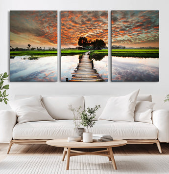 29105-MGV-CV-60X30-3P-Rustic Wooden Bridge Wall Art – Scenic Sunset Over Rice Fields and Reflective Water Canvas Print, Nature Landscape Decor for