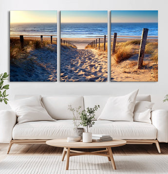 31889-MGV-CV-60X30-3P-Sandy Beach Pathway Wall Art – Coastal Dune Fence and Ocean View Canvas Print, Relaxing Seaside Landscape Decor for Living Room or
