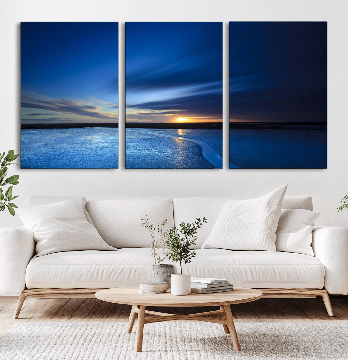 65405-MGV-CV-60X30-3P-Blue Sunrise Seascape Wall Art – Tranquil Ocean Horizon Canvas Print with Golden Sunlight and Deep Sky, Coastal Landscape Decor