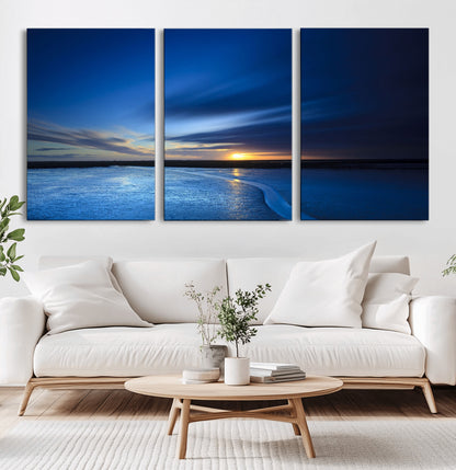 65405-MGV-CV-60X30-3P-Blue Sunrise Seascape Wall Art – Tranquil Ocean Horizon Canvas Print with Golden Sunlight and Deep Sky, Coastal Landscape Decor