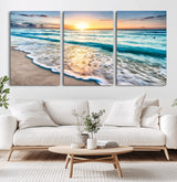 27815-MGV-CV-60X30-3P-Ocean Sunrise Beach Wall Art – Serene Coastal Canvas Print with Waves and Golden Morning Light, Relaxing Seascape Decor for