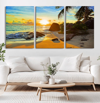 26181-MGV-CV-60X30-3P-Golden Tropical Sunset Beach Wall Art – Ocean Canvas Print with Palm Trees and Rocks, Coastal Paradise Decor for Living Room or