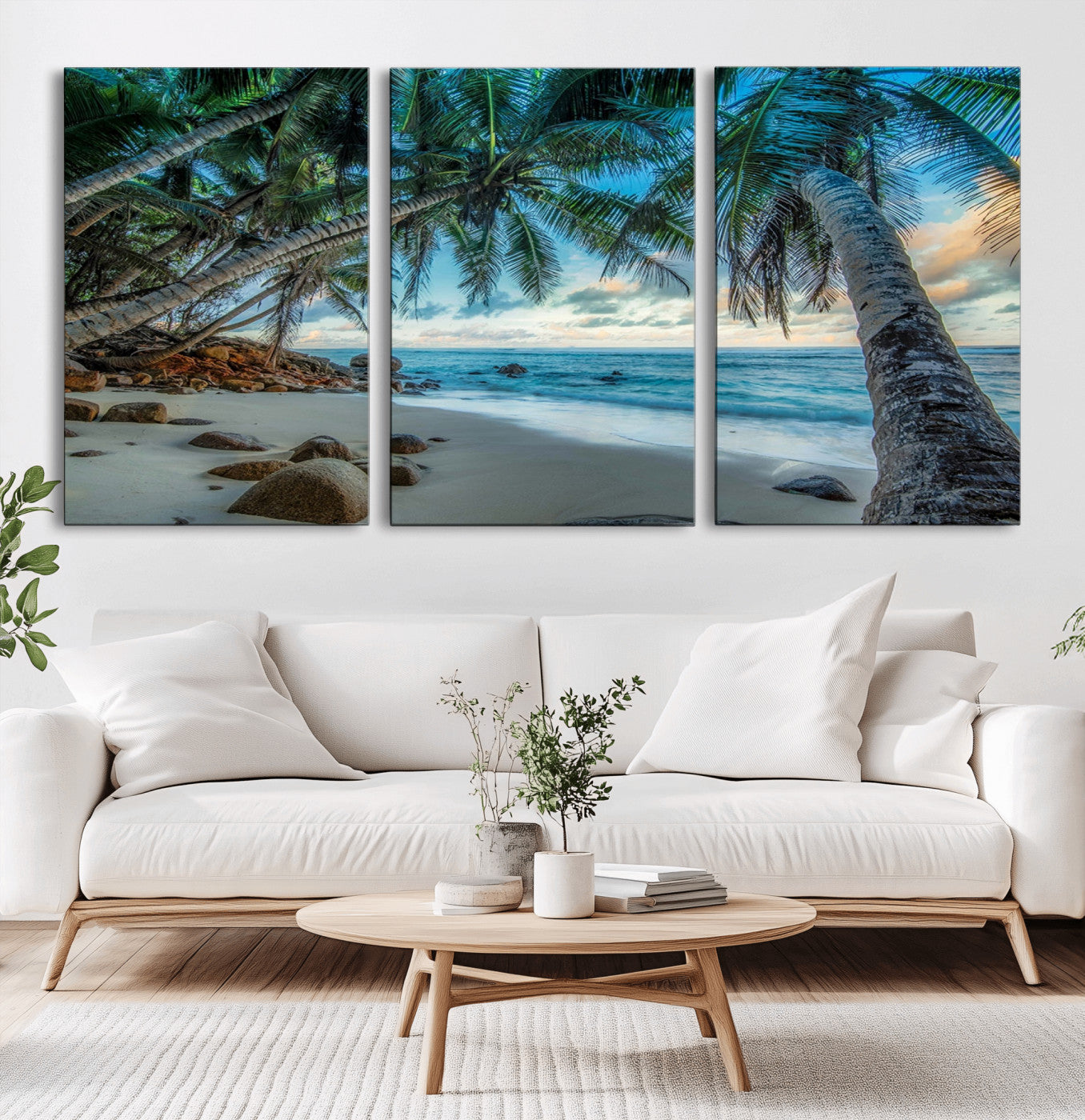 39679-MGV-CV-60X30-3P-Tropical Palm Beach Wall Art – Serene Ocean Canvas Print with Palm Trees and Rocks, Coastal Paradise Decor for Living Room or