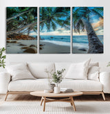 39679-MGV-CV-60X30-3P-Tropical Palm Beach Wall Art – Serene Ocean Canvas Print with Palm Trees and Rocks, Coastal Paradise Decor for Living Room or