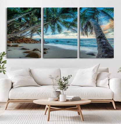 39679-MGV-CV-60X30-3P-Tropical Palm Beach Wall Art – Serene Ocean Canvas Print with Palm Trees and Rocks, Coastal Paradise Decor for Living Room or