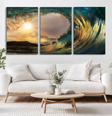 38256-MGV-CV-60X30-3P-Ocean Wave Wall Art – Stunning Sunrise Through Curling Wave Canvas Print, Coastal Surf Photography Seascape Decor for Living Room,