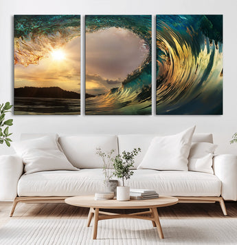 38256-MGV-CV-60X30-3P-Ocean Wave Wall Art – Stunning Sunrise Through Curling Wave Canvas Print, Coastal Surf Photography Seascape Decor for Living Room,