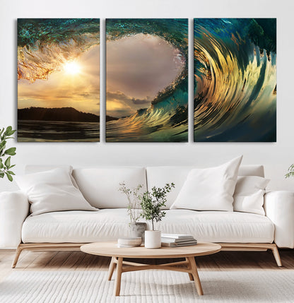 38256-MGV-CV-60X30-3P-Ocean Wave Wall Art – Stunning Sunrise Through Curling Wave Canvas Print, Coastal Surf Photography Seascape Decor for Living Room,