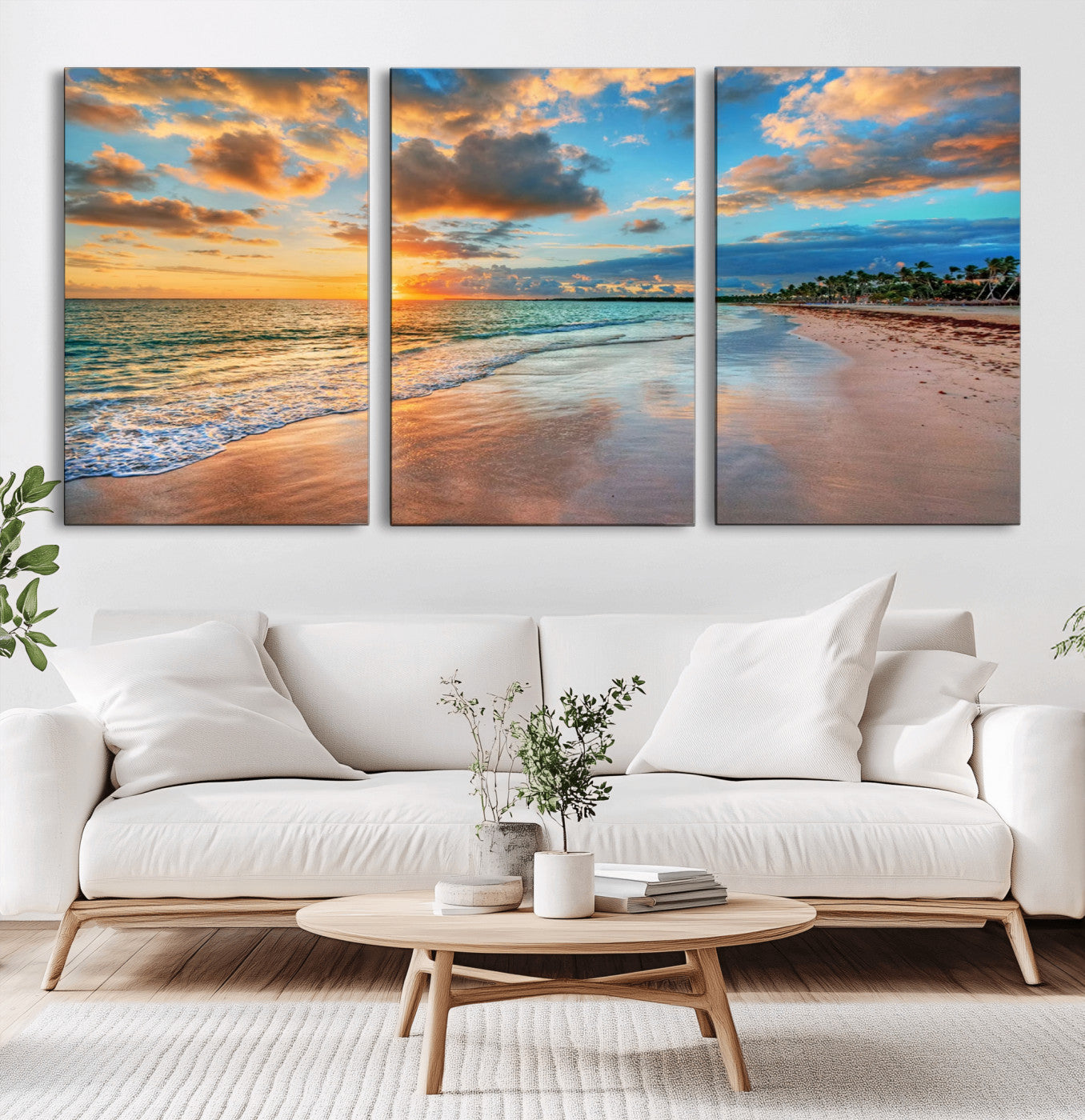 41572-MGV-CV-60X30-3P-Sunset Beach Wall Art – Ocean Waves and Palm Trees Canvas Print, Tropical Coastal Sunset Seascape Decor for Living Room, Bedroom