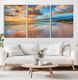 41572-MGV-CV-60X30-3P-Sunset Beach Wall Art – Ocean Waves and Palm Trees Canvas Print, Tropical Coastal Sunset Seascape Decor for Living Room, Bedroom