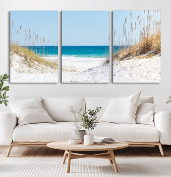 58498-MGV-CV-60X30-3P-White Sandy Beach Wall Art – Panoramic Coastal Canvas Print, Ocean View Decor for Living Room, Bedroom, Office, Relaxing Seaside