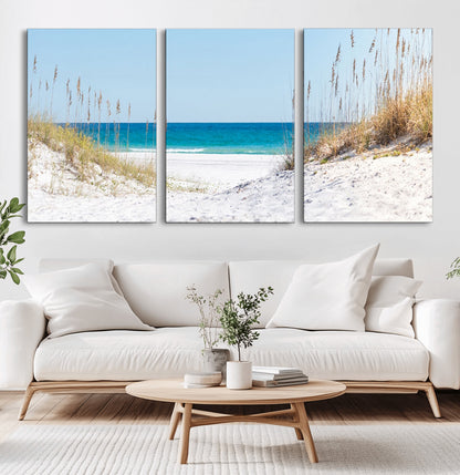 58498-MGV-CV-60X30-3P-White Sandy Beach Wall Art – Panoramic Coastal Canvas Print, Ocean View Decor for Living Room, Bedroom, Office, Relaxing Seaside