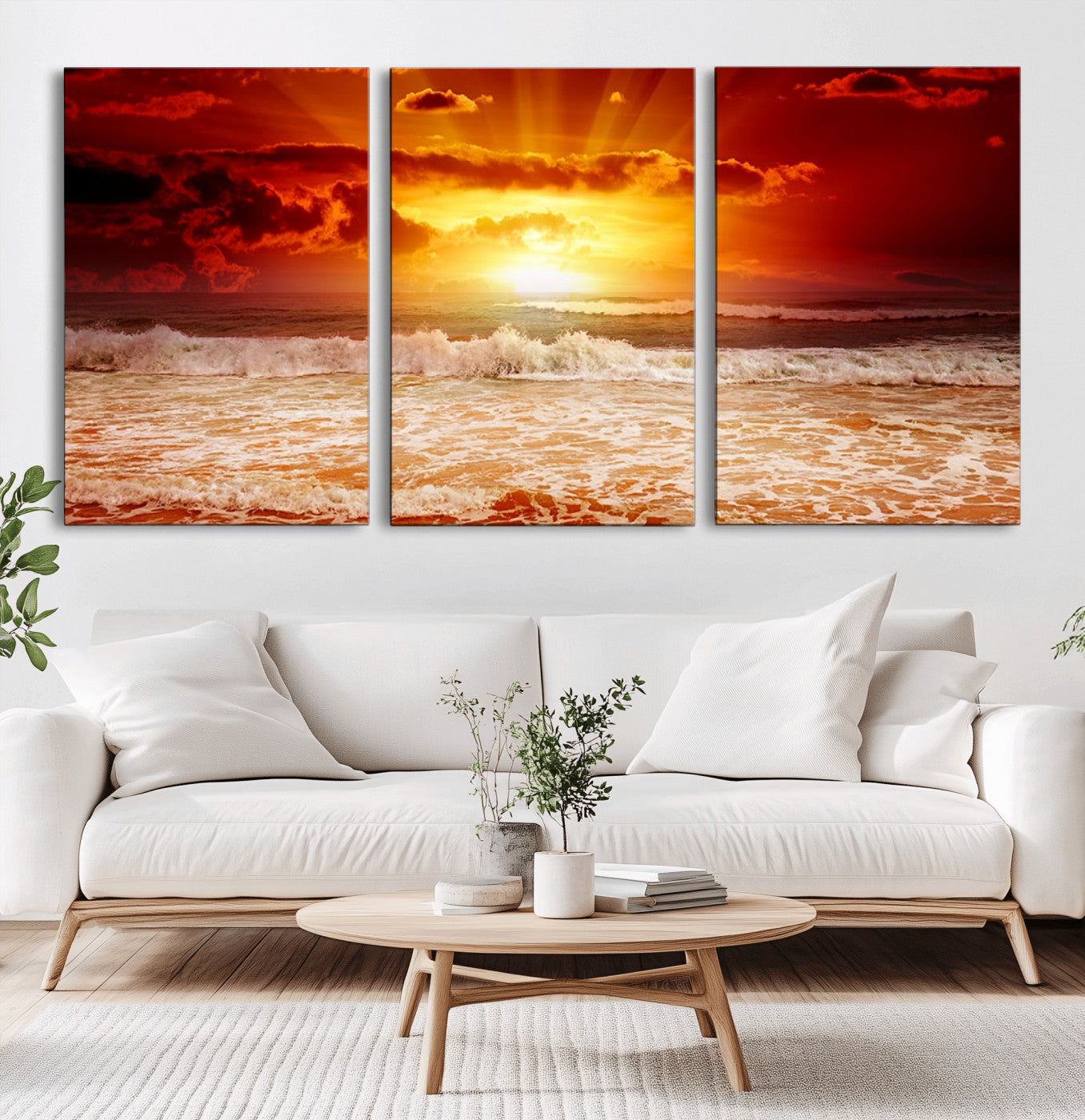 60211-MGV-CV-36X24-Fiery Sunset Ocean Waves Canvas Print – Vibrant Red & Orange Coastal Wall Art, Dramatic Seascape Decor