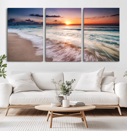 99906-MGV-CV-60X30-3P-Morning Tide Canvas Print – Soft Sunrise Ocean Waves Wall Art, Coastal Serenity Decor for Home & Office