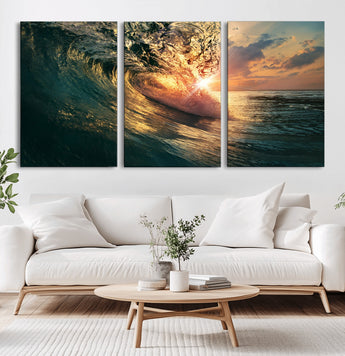 55359-MGV-CV-60X30-3P-Radiant Ocean Wave Wall Art – Panoramic Surf Canvas Print, Vibrant Sunset Beach Decor for Home, Office or Man Cave