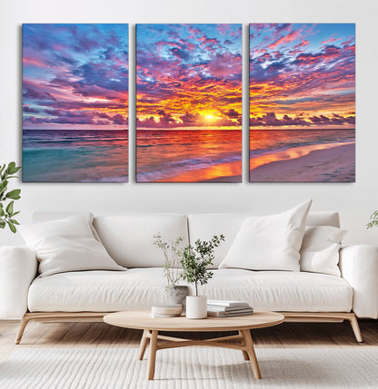 72836-MGV-CV-60X30-3P-Fiery Sunset Beach Wall Art – Panoramic Vibrant Ocean Canvas Print, Dramatic Coastal Decor for Living Room, Bedroom or Office