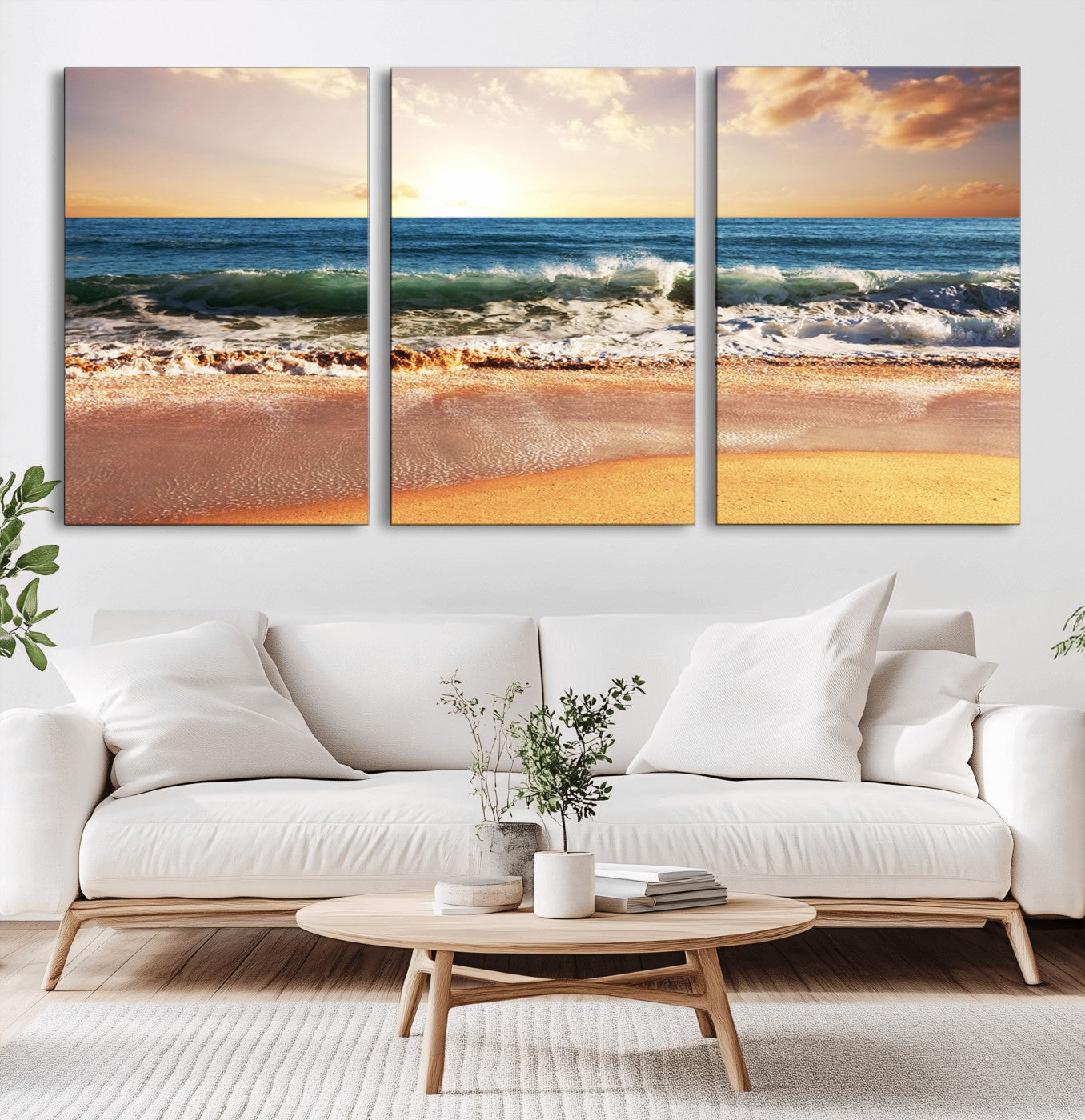 79005-MGV-CV-60X30-3P-Golden Sunrise Ocean Waves Wall Art – Panoramic Seashore Canvas Print, Calming Coastal Decor for Home, Office or Relaxation Space