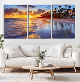19917-MGV-CV-60X30-3P-Tropical Sunset Beach Wall Art – Panoramic Palm Trees and Ocean Canvas Print, Vibrant Coastal Decor for Living Room, Office or Man