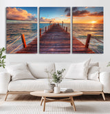 28836-MGV-CV-60X30-3P-Ocean Pier Sunset Wall Art – Wooden Dock and Golden Horizon Canvas Print, Coastal Seascape Photography for Living Room, Bedroom,