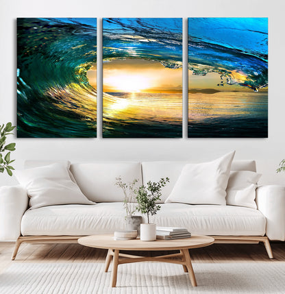 19378-MGV-CV-60X30-3P-Ocean Wave Sunset Wall Art – Vibrant Surf and Golden Horizon Canvas Print, Coastal Seascape Photography for Living Room, Bedroom,