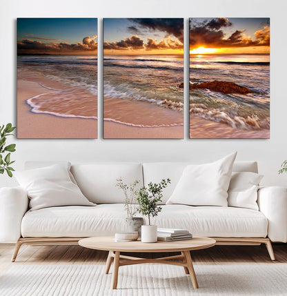 80979-MGV-CV-60X30-3P-Golden Sunrise Beach Wall Art – Ocean Waves and Sandy Shore Canvas Print, Coastal Sunset Photography Artwork for Living Room,