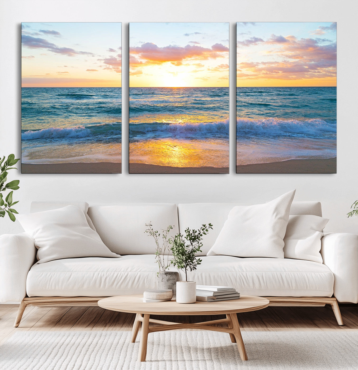 78006-MGV-CV-60X30-3P-Golden Sunrise Ocean Wall Art – Panoramic Beach Waves Canvas Print, Coastal Seascape Artwork for Living Room, Bedroom, Office, or