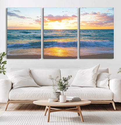 78006-MGV-CV-60X30-3P-Golden Sunrise Ocean Wall Art – Panoramic Beach Waves Canvas Print, Coastal Seascape Artwork for Living Room, Bedroom, Office, or