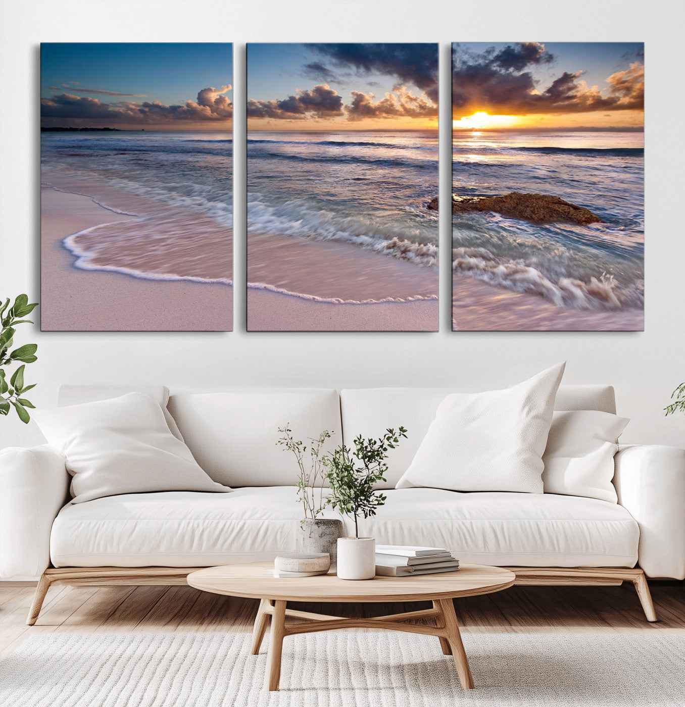 94906-MGV-CV-60X30-3P-Sunrise Beach Wall Art – Panoramic Ocean Waves Canvas Print, Coastal Sunset Seascape Artwork for Living Room, Bedroom, or Office