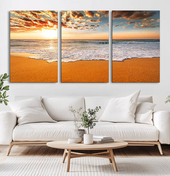 15399-MGV-CV-60X30-3P-Golden Sunrise Beach Wall Art – Ocean Waves on Sandy Shore Canvas Print, Coastal Seascape Decor for Living Room or Bedroom